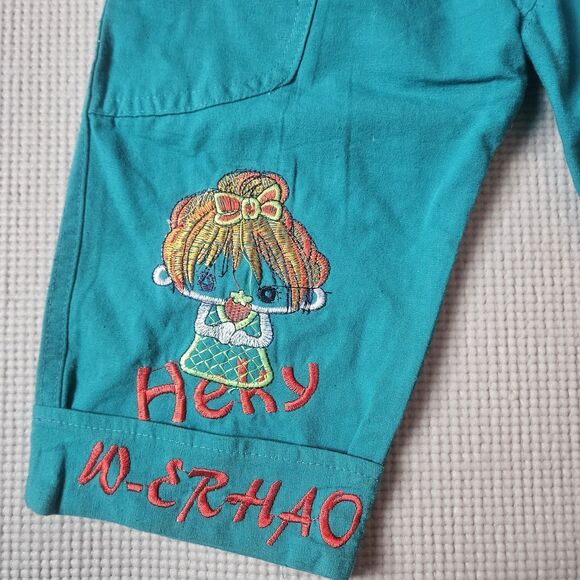 Vintage Kawaii Canvas 2T Pants Toddler Blue Elastic Tie Waist Embroidered Doll - Picture 2 of 9